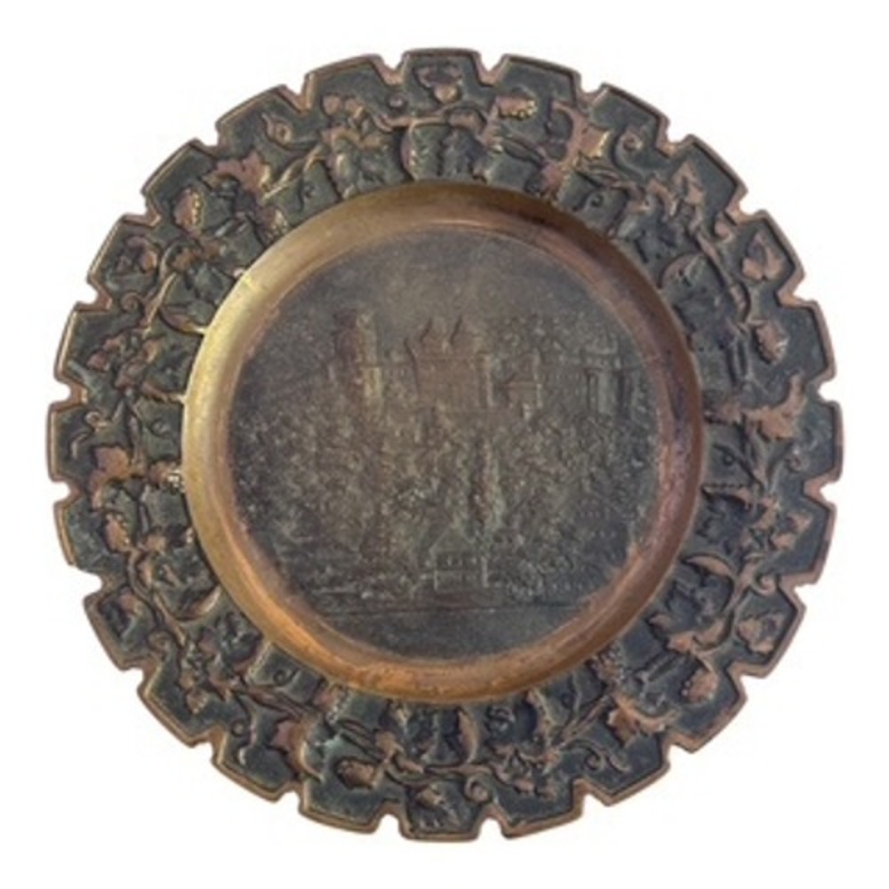 Antique Copper Relief Plate European‎ Castle Scene Grape Vine Scalloped Edge 8"